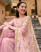 Tea Pink & Olive Gold: Embroidered Lawn Short Kurti With Sharara