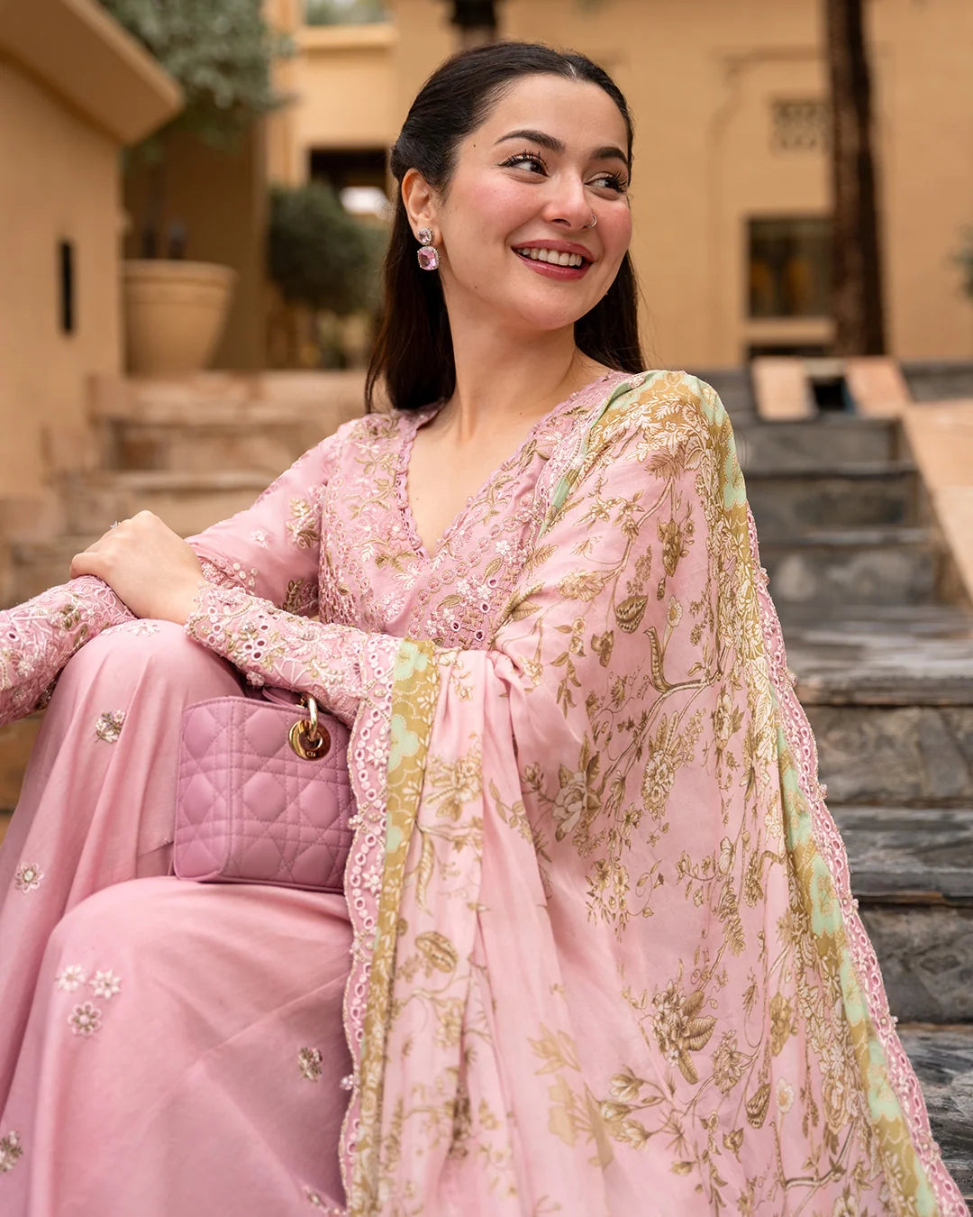 Tea Pink & Olive Gold: Embroidered Lawn Short Kurti With Sharara