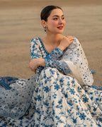 Ivory & Blue: Embroidered Lawn Suit Maxi Style | Ready To Wear