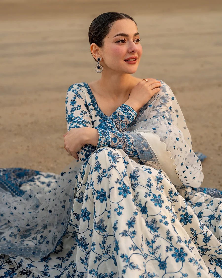 Ivory & Blue: Embroidered Lawn Suit Maxi Style | Ready To Wear