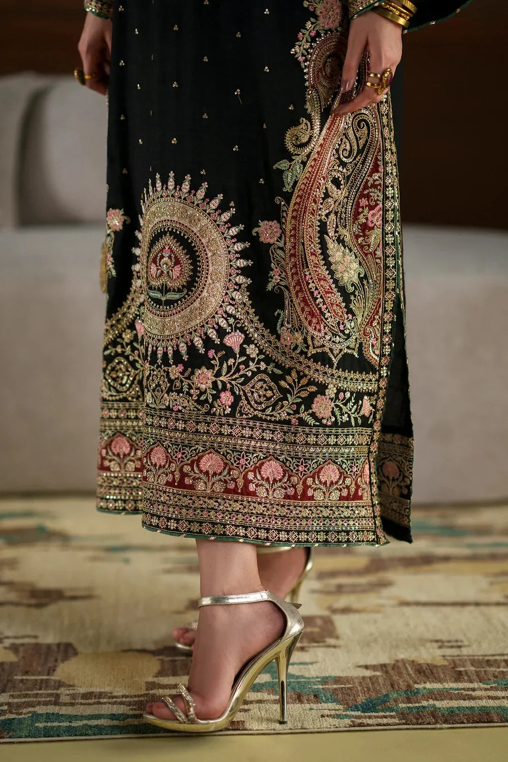 Black Kashmiri Royale: Embroidered Silk Kaftan | Ready To Wear