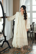 Off-White: 03-Piece Embroidered Chiffon Suit - Ready To Wear
