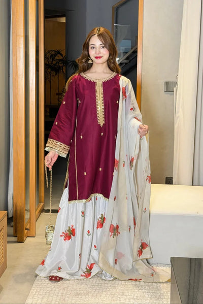 03-Piece Silk Suit With Printed Dupatta & Trouser | Ready To Weae