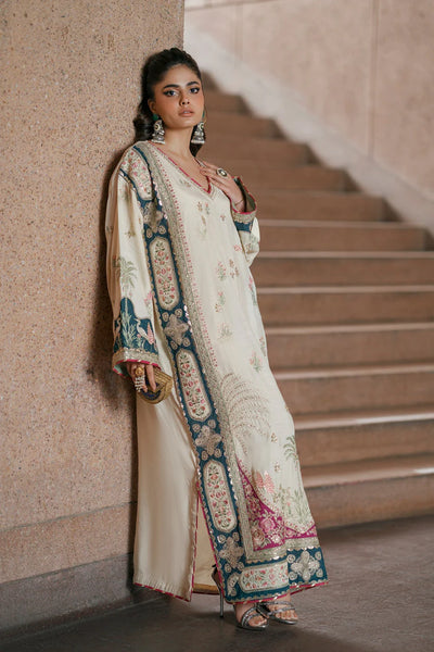 Ivory Oasis: 02-Piece Botanical Embroidered Silk Kaftan | Ready To Wear
