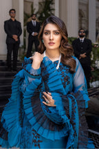 Royal Blue & Black Contrast: Embroidered Chiffon Suit