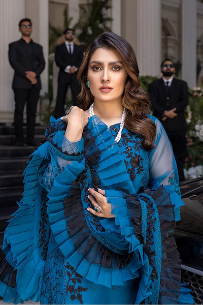 Royal Blue & Black Contrast: Embroidered Chiffon Suit