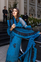 Royal Blue & Black Contrast: Embroidered Chiffon Suit