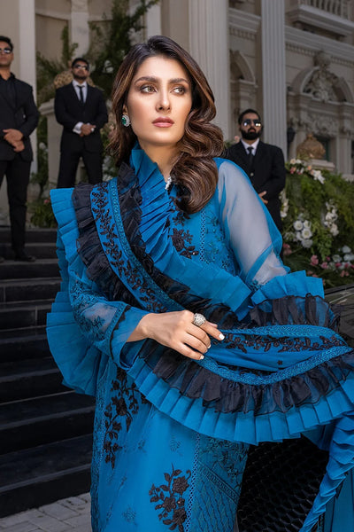 Royal Blue & Black Contrast: Embroidered Chiffon Suit