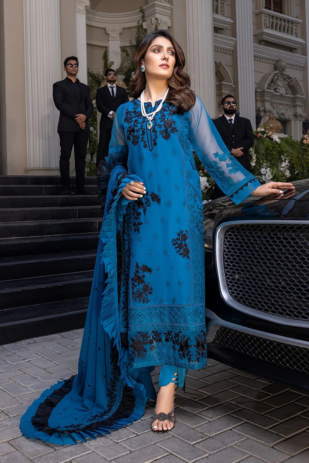 Royal Blue & Black Contrast: Embroidered Chiffon Suit