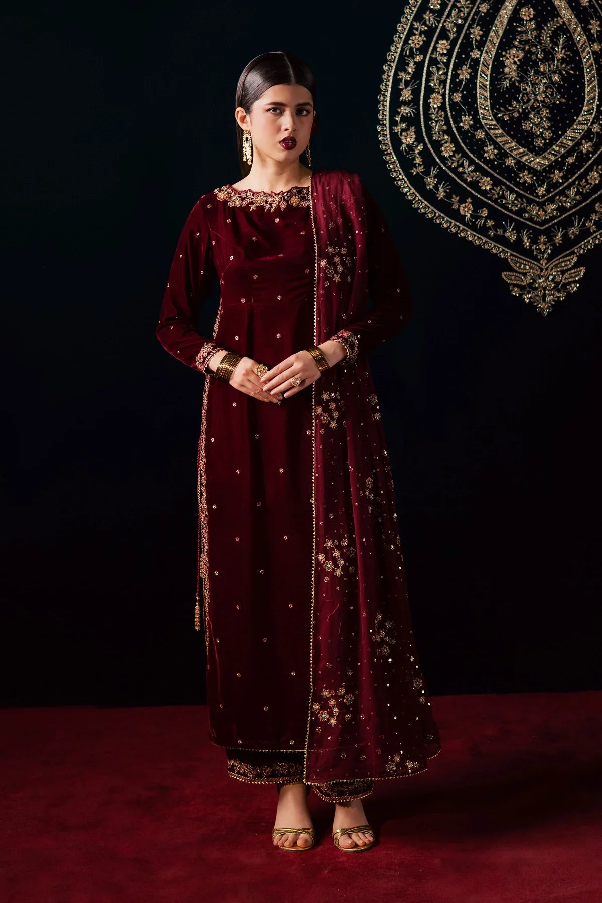 Deep Maroon & Gold Embroidered Velvet Suit | Ready To Wear