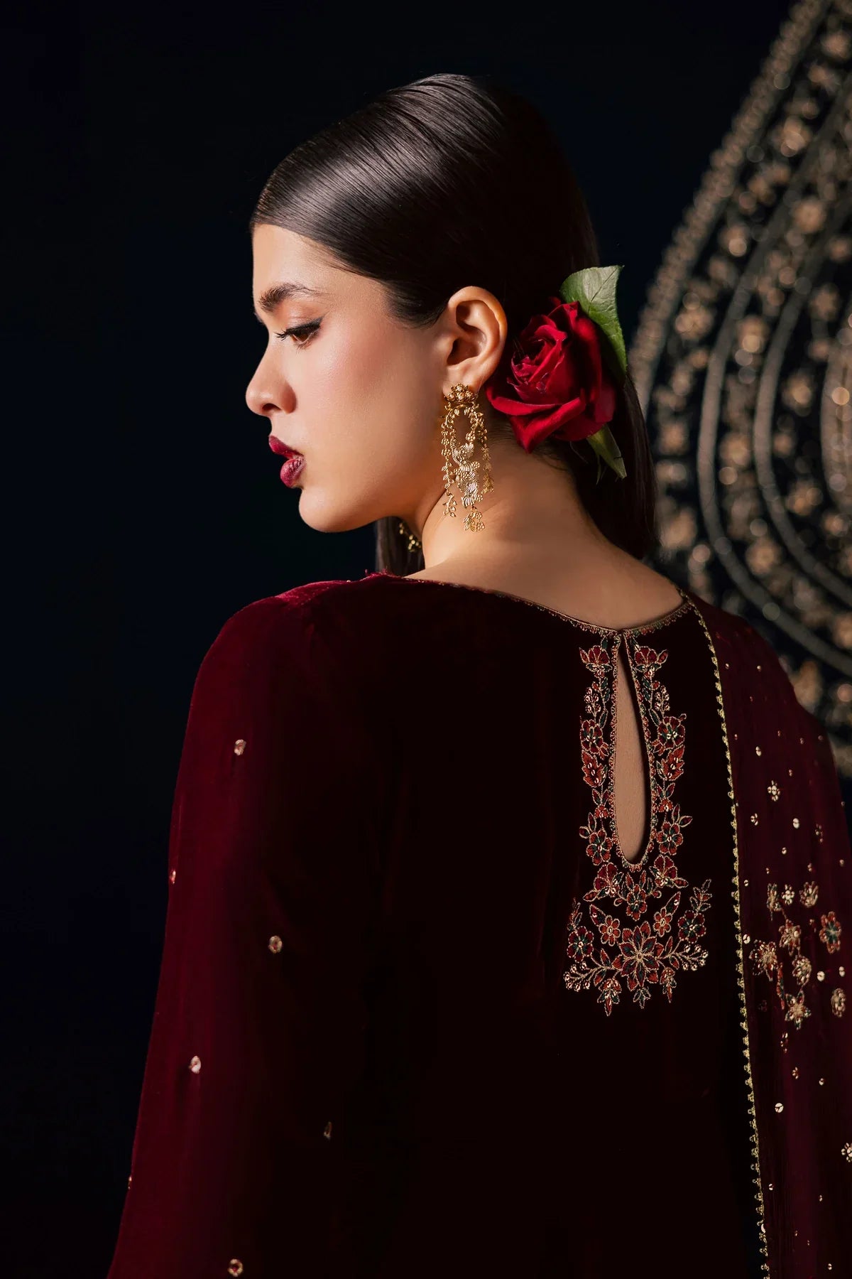 Deep Maroon & Gold Embroidered Velvet Suit | Ready To Wear