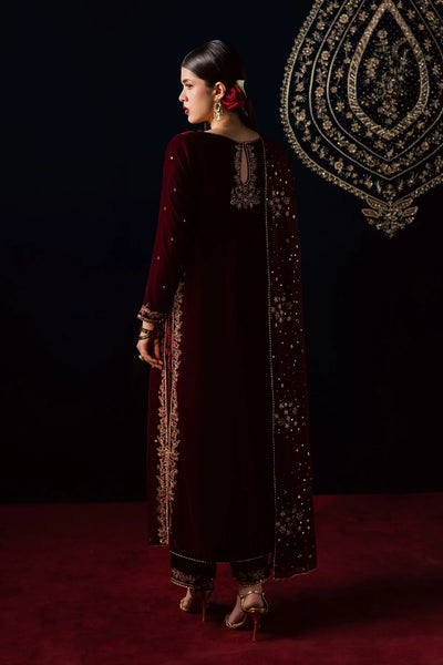Deep Maroon & Gold Embroidered Velvet Suit | Ready To Wear