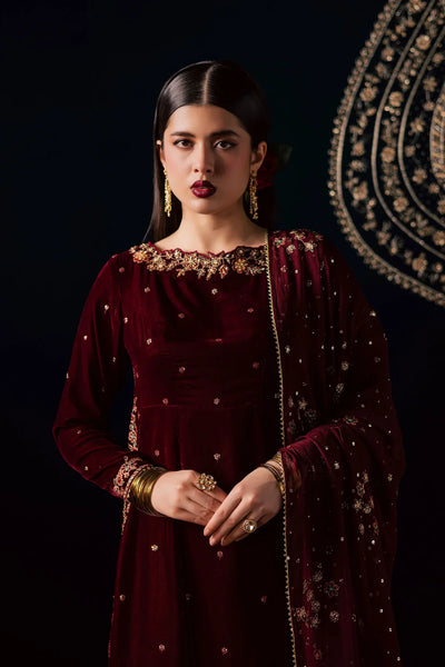 Deep Maroon & Gold Embroidered Velvet Suit | Ready To Wear