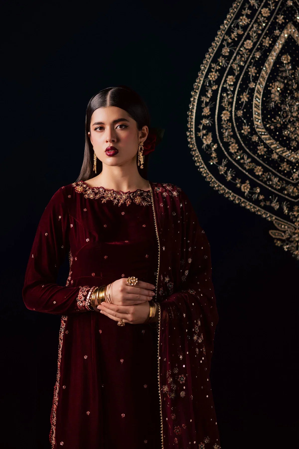 Deep Maroon & Gold Embroidered Velvet Suit | Ready To Wear
