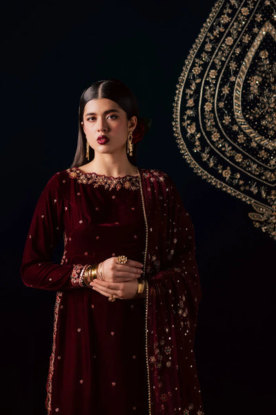 Deep Maroon & Gold Embroidered Velvet Suit | Ready To Wear