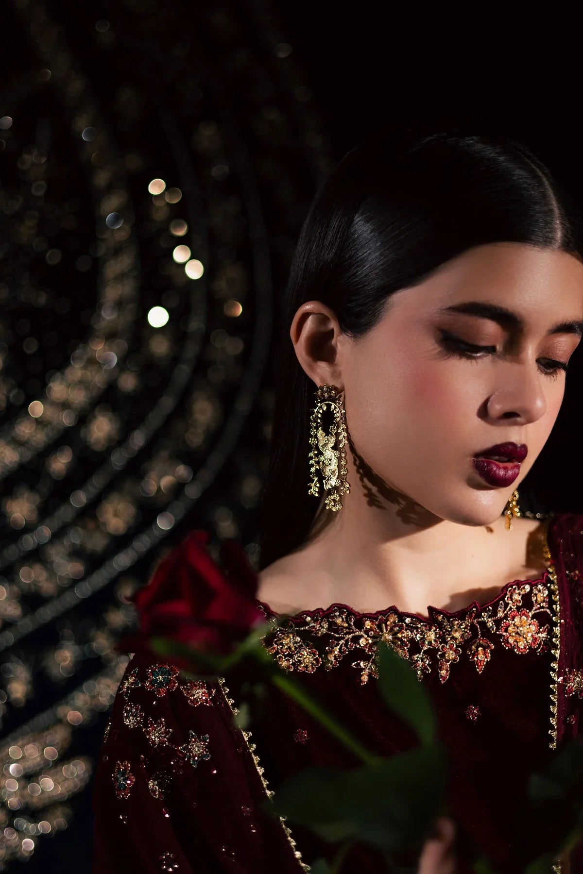 Deep Maroon & Gold Embroidered Velvet Suit | Ready To Wear