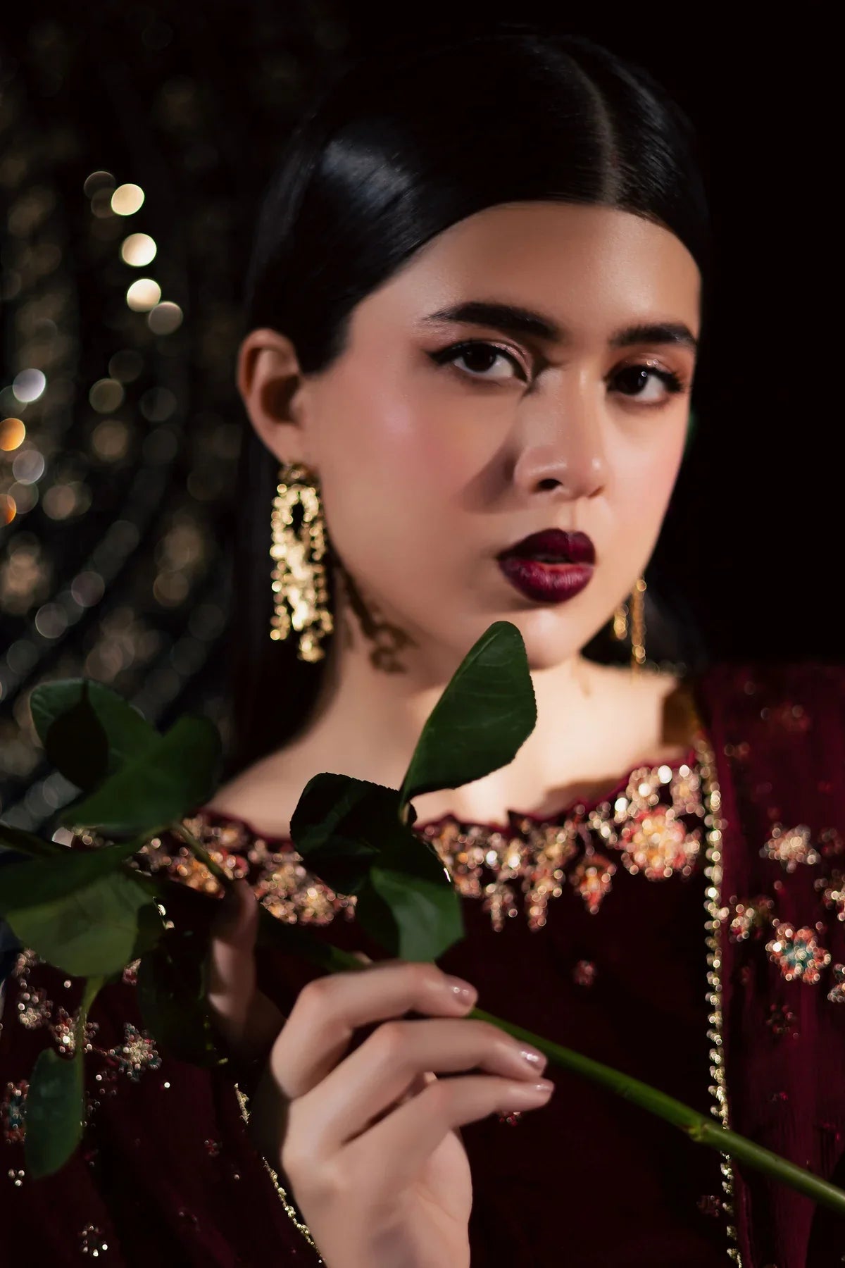 Deep Maroon & Gold Embroidered Velvet Suit | Ready To Wear