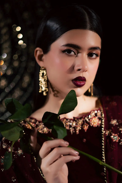 Deep Maroon & Gold Embroidered Velvet Suit | Ready To Wear