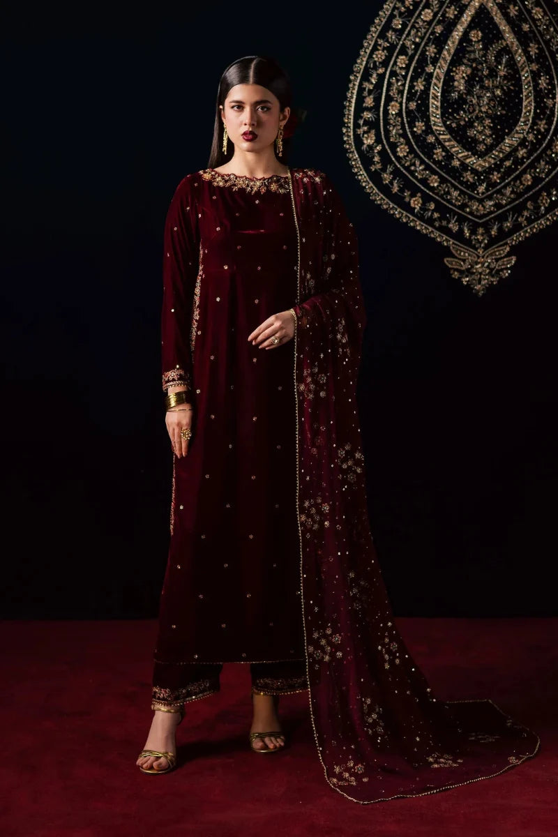 Deep Maroon & Gold Embroidered Velvet Suit | Ready To Wear