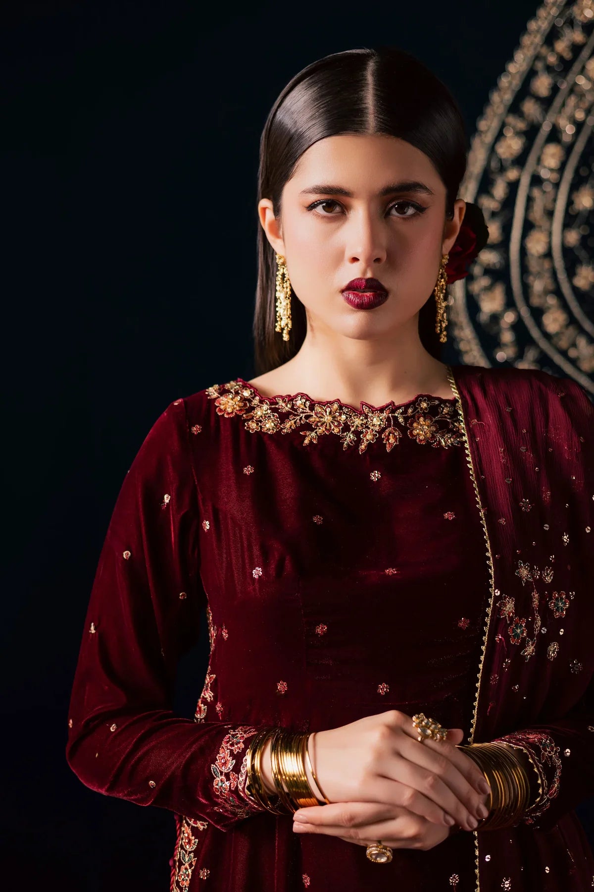 Deep Maroon & Gold Embroidered Velvet Suit | Ready To Wear