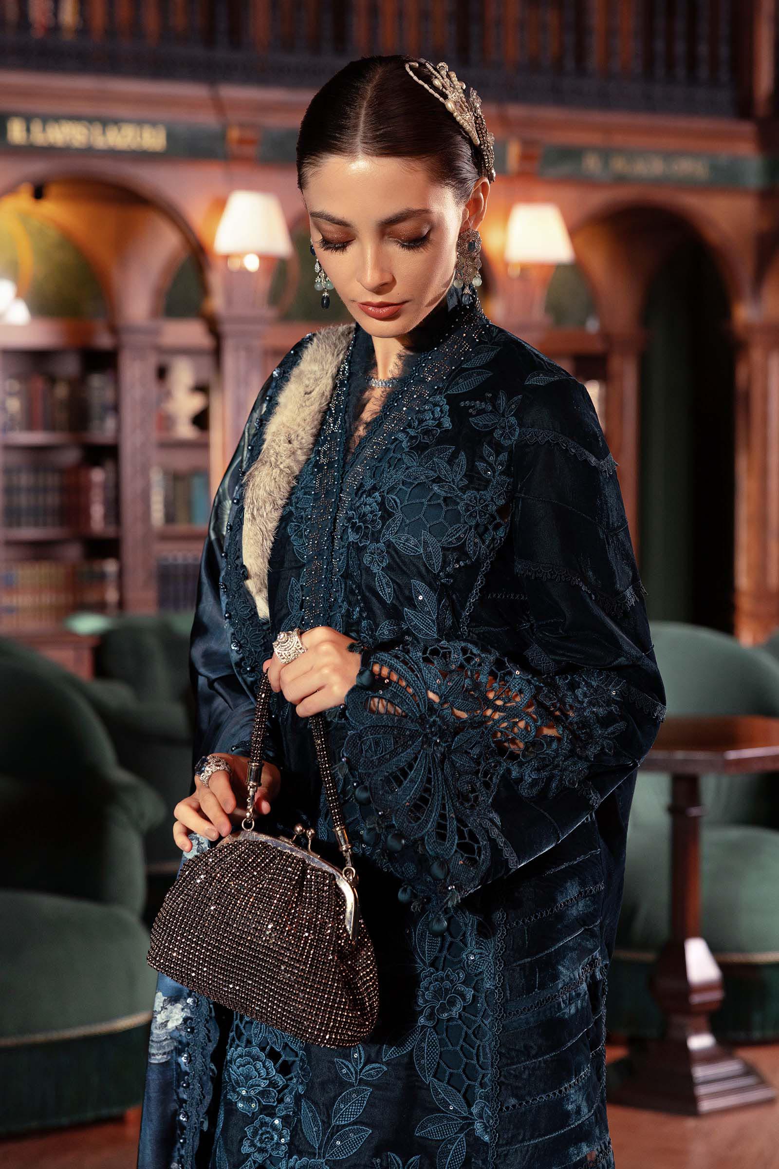 Midnight Teal Velvet Embroidered Suit | Ready To Wear