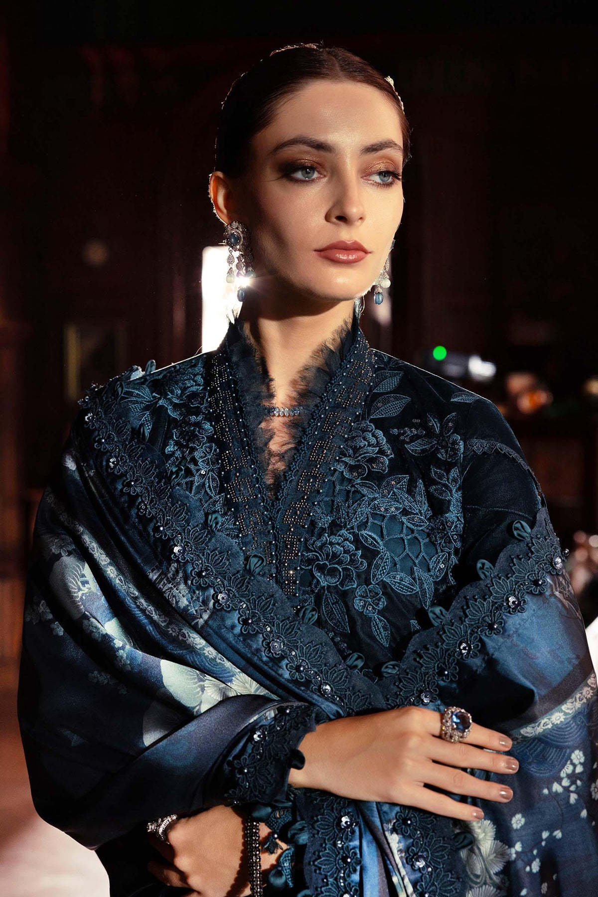 Midnight Teal Velvet Embroidered Suit | Ready To Wear