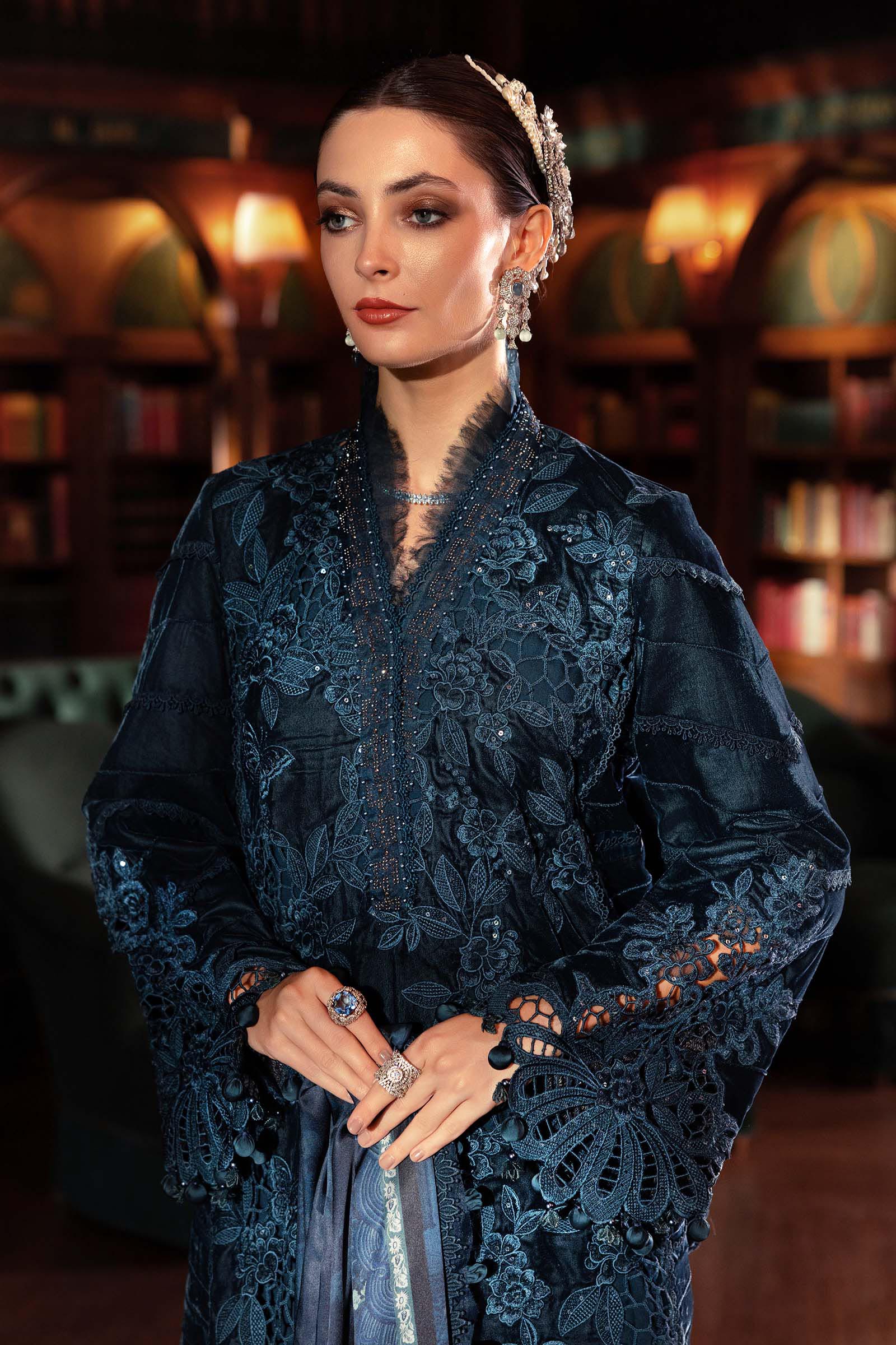 Midnight Teal Velvet Embroidered Suit | Ready To Wear