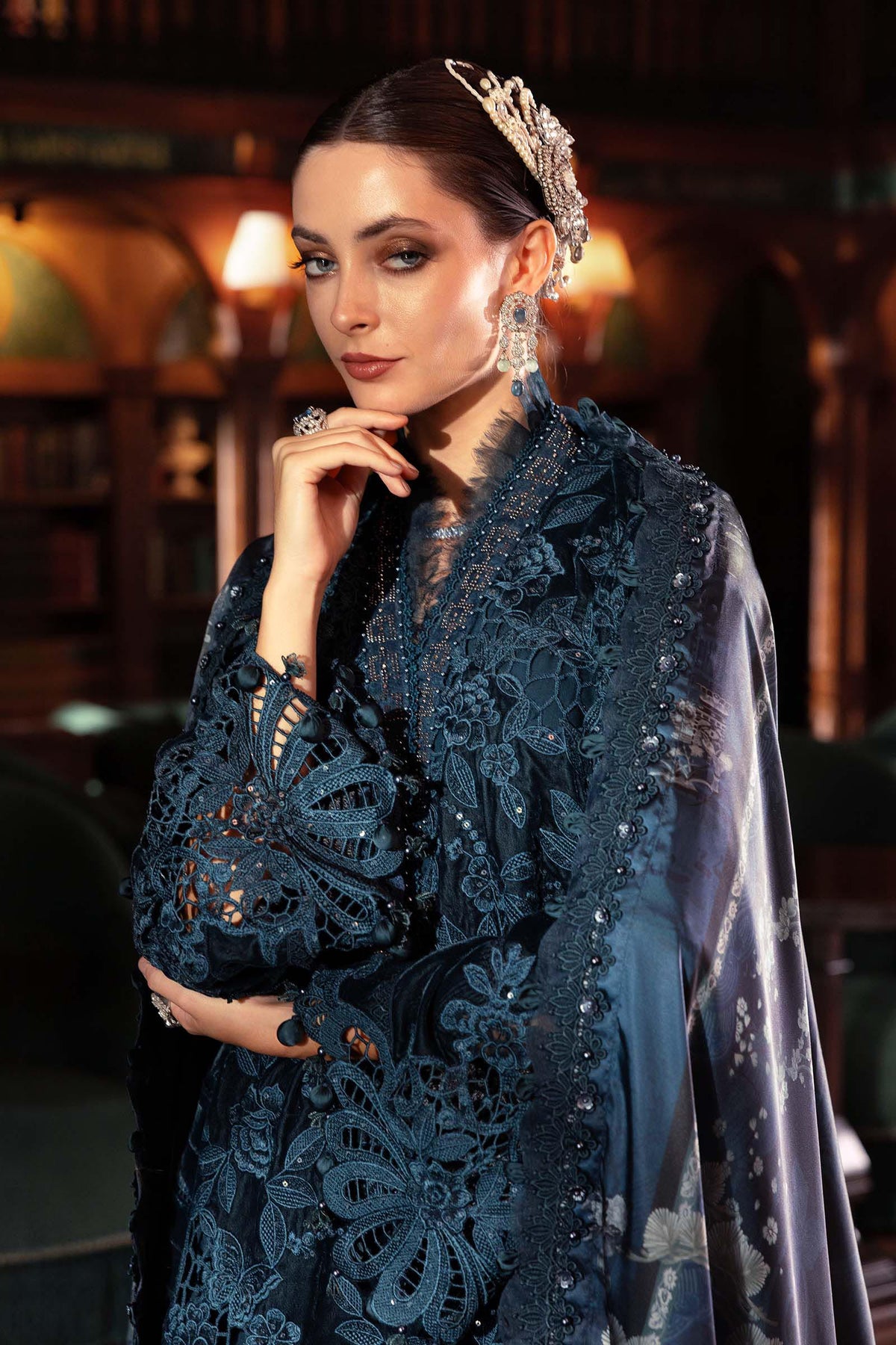 Midnight Teal Velvet Embroidered Suit | Ready To Wear