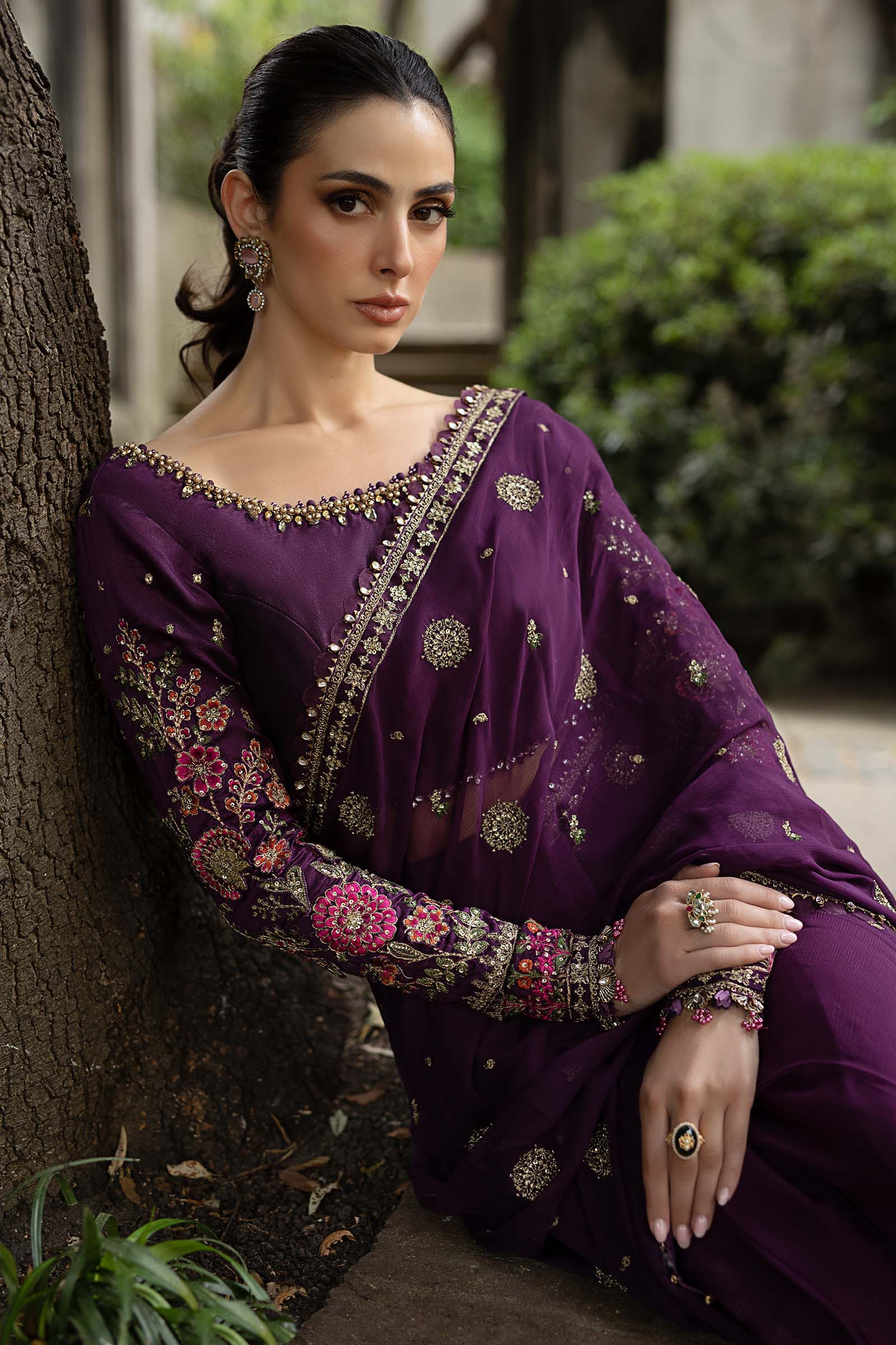3-Piece Lavender Net Embroidered Saree | Ready To Wear