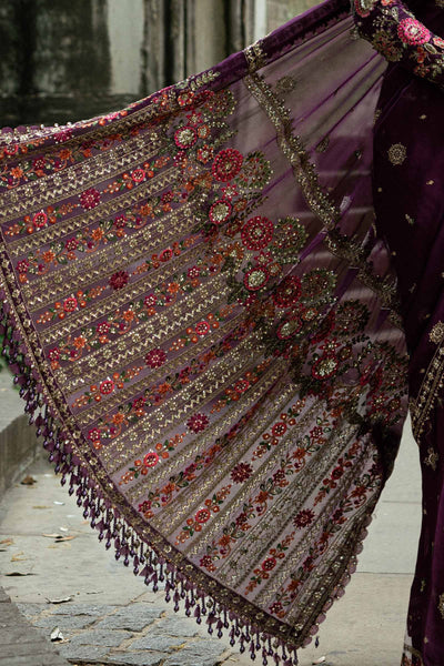 3-Piece Lavender Net Embroidered Saree | Ready To Wear