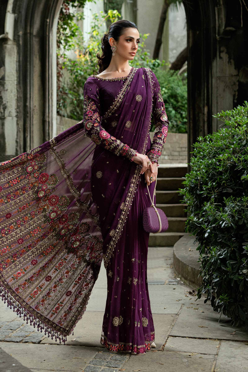 3-Piece Lavender Net Embroidered Saree | Ready To Wear