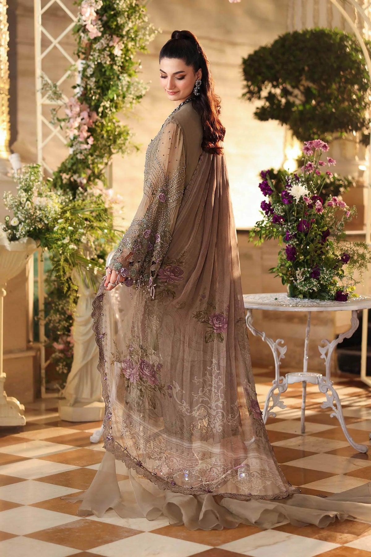 Taupe Flora 3D Royale: Embroidered Chiffon Suit | Ready To Wear