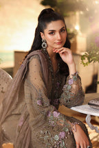 Taupe Flora 3D Royale: Embroidered Chiffon Suit | Ready To Wear
