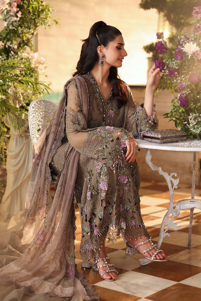Taupe Flora 3D Royale: Embroidered Chiffon Suit | Ready To Wear