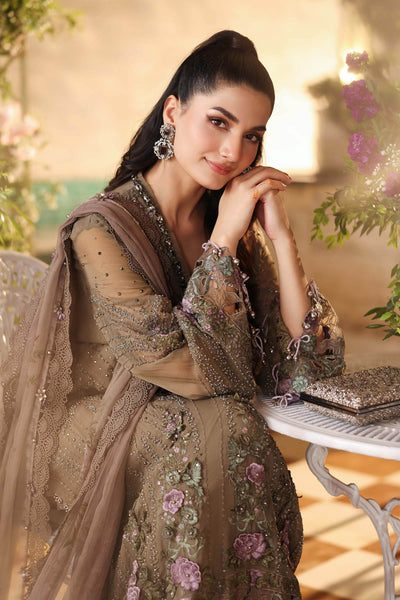 Taupe Flora 3D Royale: Embroidered Chiffon Suit | Ready To Wear