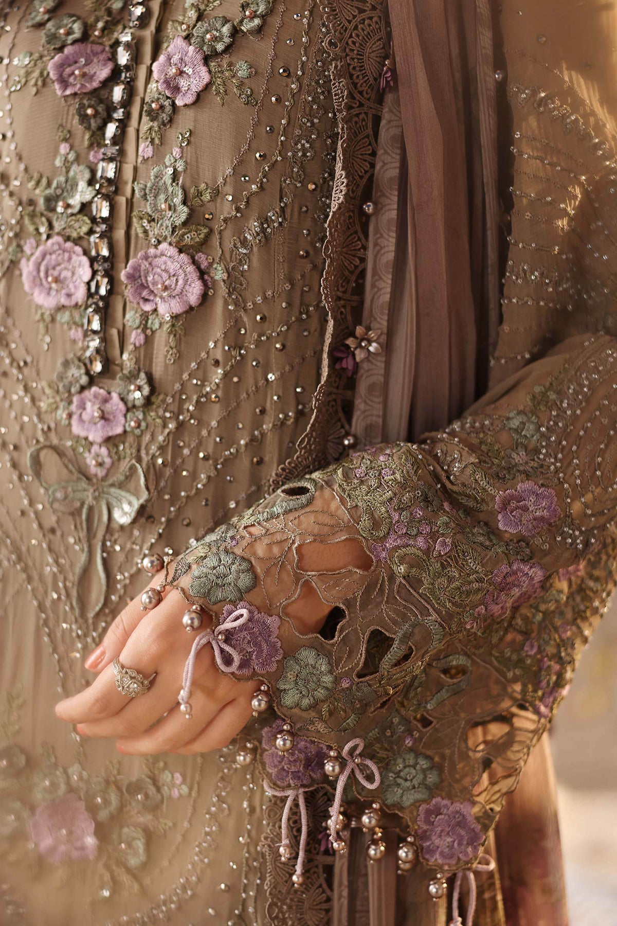 Taupe Flora 3D Royale: Embroidered Chiffon Suit | Ready To Wear