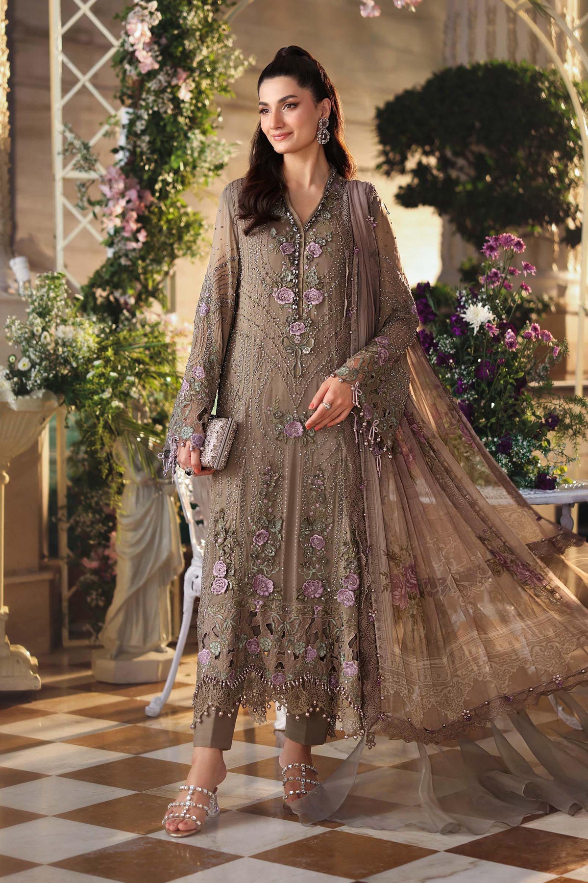 Taupe Flora 3D Royale: Embroidered Chiffon Suit | Ready To Wear