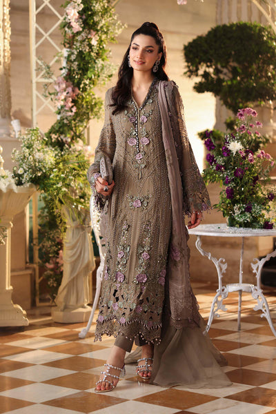 Taupe Flora 3D Royale: Embroidered Chiffon Suit | Ready To Wear