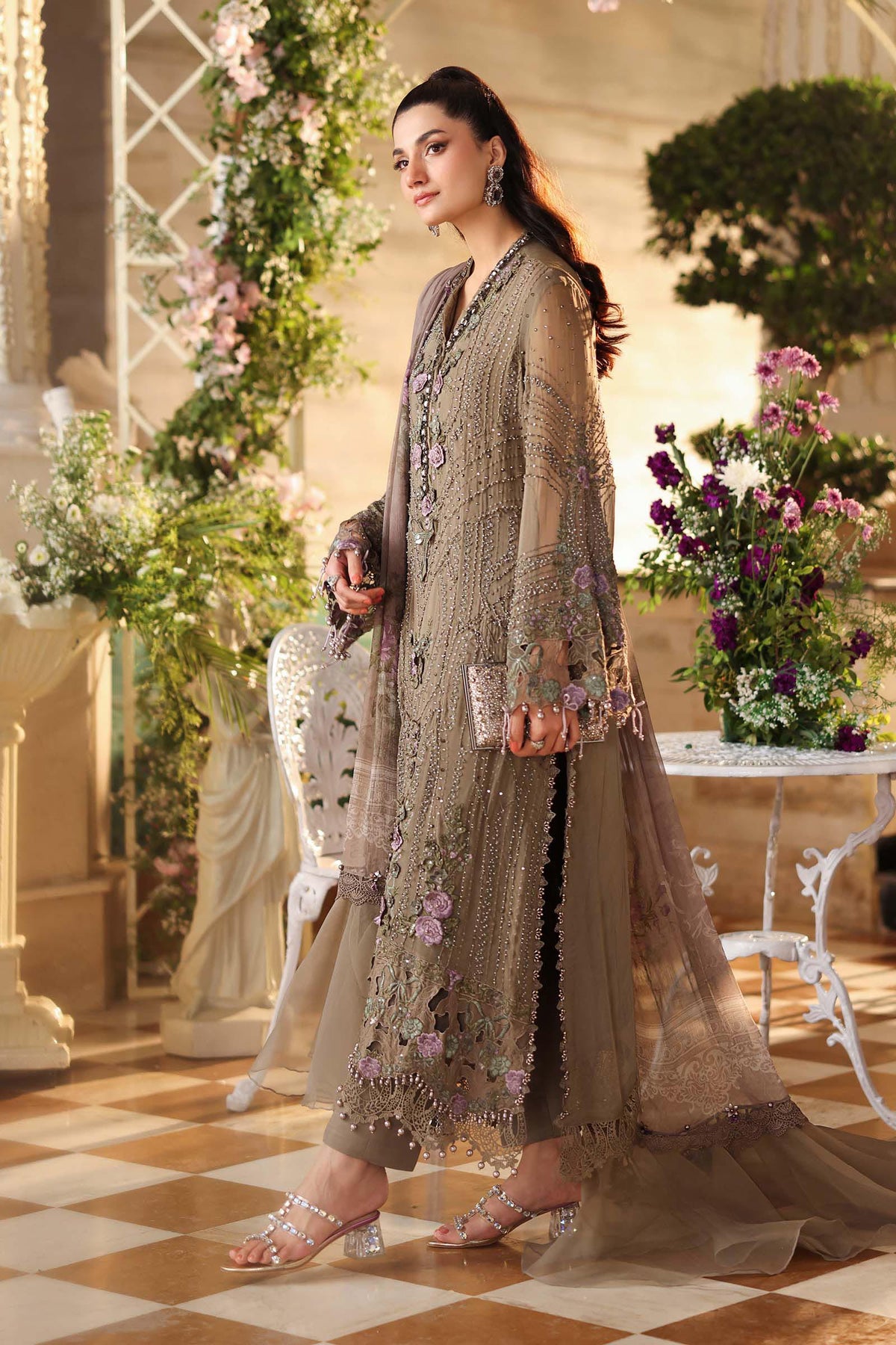 Taupe Flora 3D Royale: Embroidered Chiffon Suit | Ready To Wear