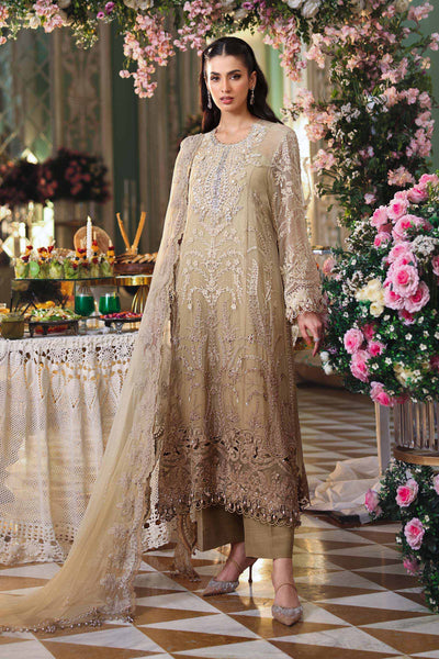 Khaki Gold - Tie & Dye: Heavy Embroidered Chiffon Suit | Ready To Wear
