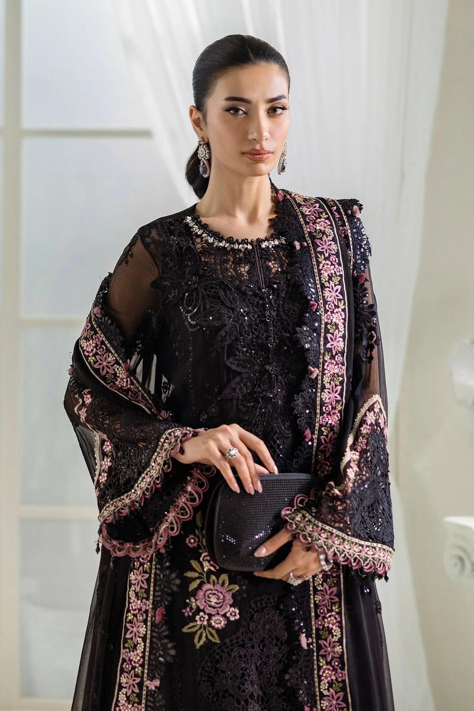 Jet Black & Blush Pink Accent: Embroidered Chiffon Suit | Ready To Wear
