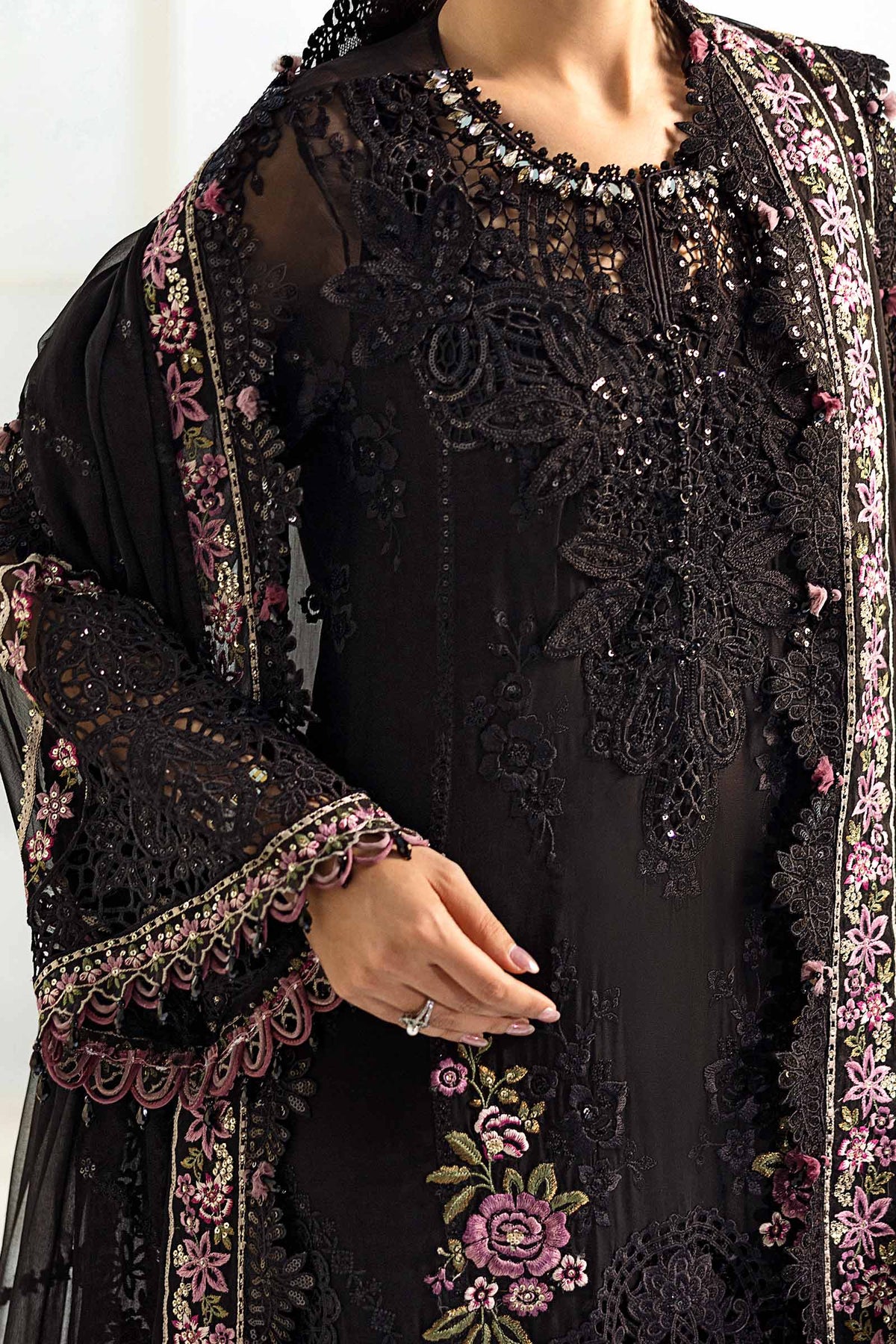 Jet Black & Blush Pink Accent: Embroidered Chiffon Suit | Ready To Wear