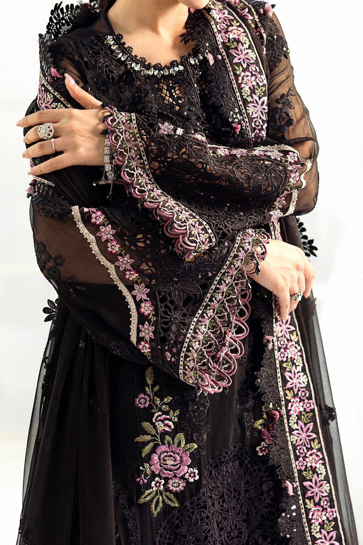 Jet Black & Blush Pink Accent: Embroidered Chiffon Suit | Ready To Wear