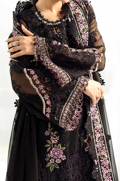 Jet Black & Blush Pink Accent: Embroidered Chiffon Suit | Ready To Wear
