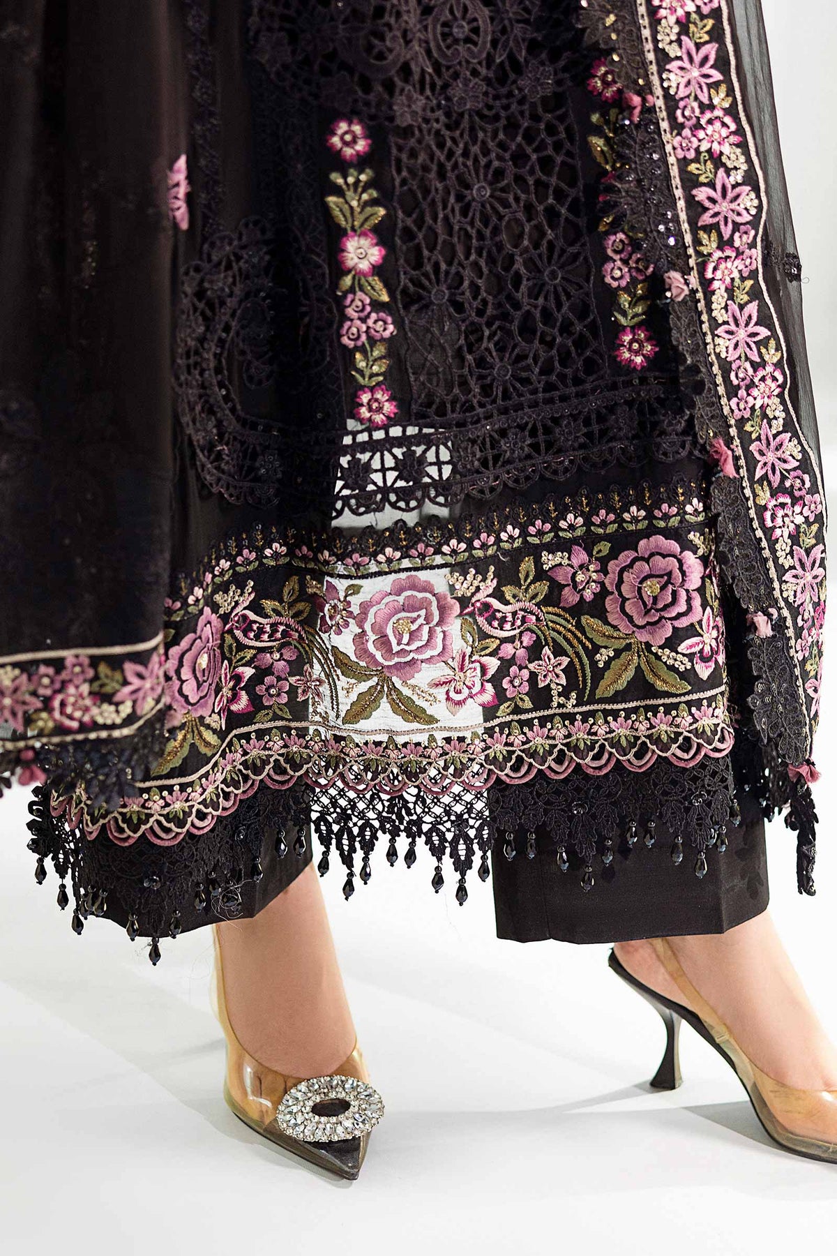 Jet Black & Blush Pink Accent: Embroidered Chiffon Suit | Ready To Wear