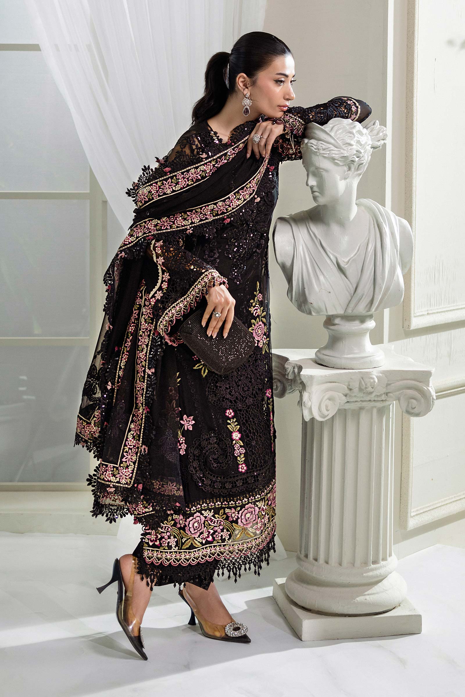 Jet Black & Blush Pink Accent: Embroidered Chiffon Suit | Ready To Wear