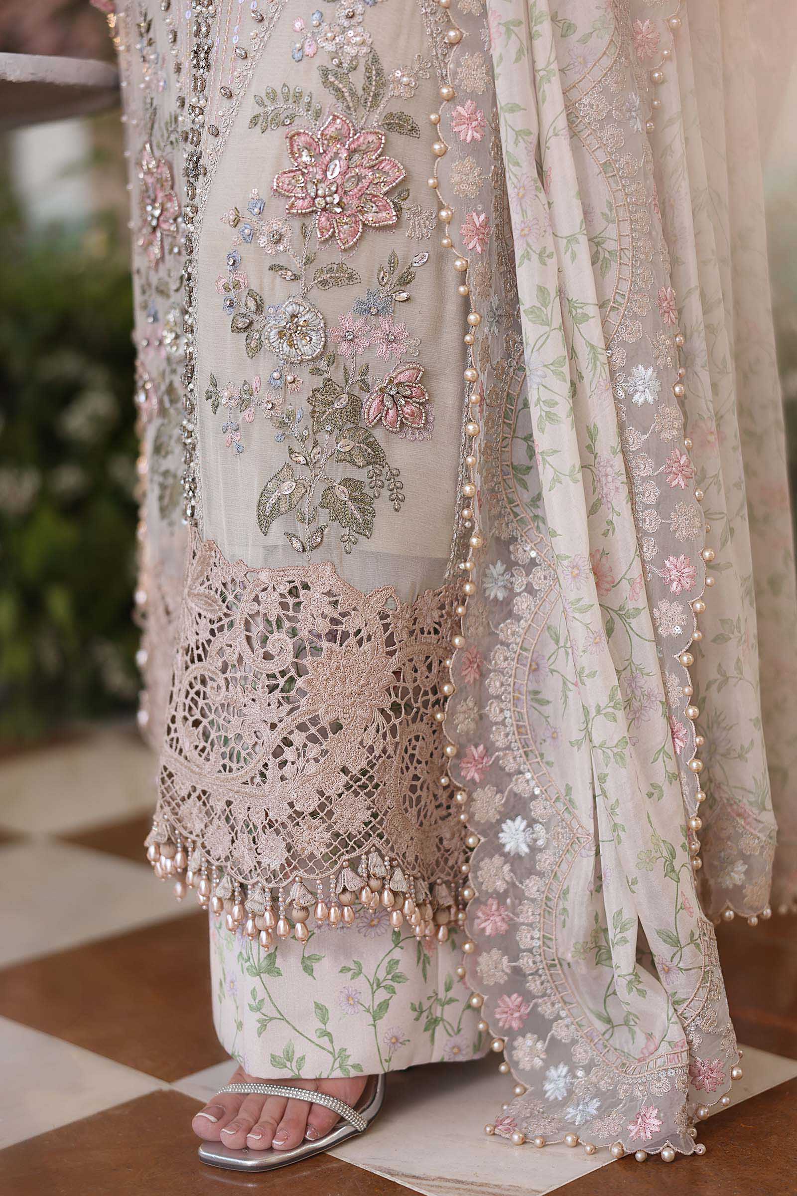 Champagne Beige: Embroidered Chiffon Suit With Silk Dupatta | Ready To Wear