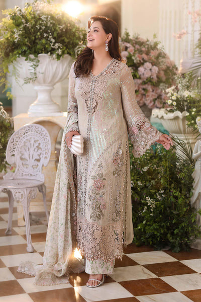 Champagne Beige: Embroidered Chiffon Suit With Silk Dupatta | Ready To Wear