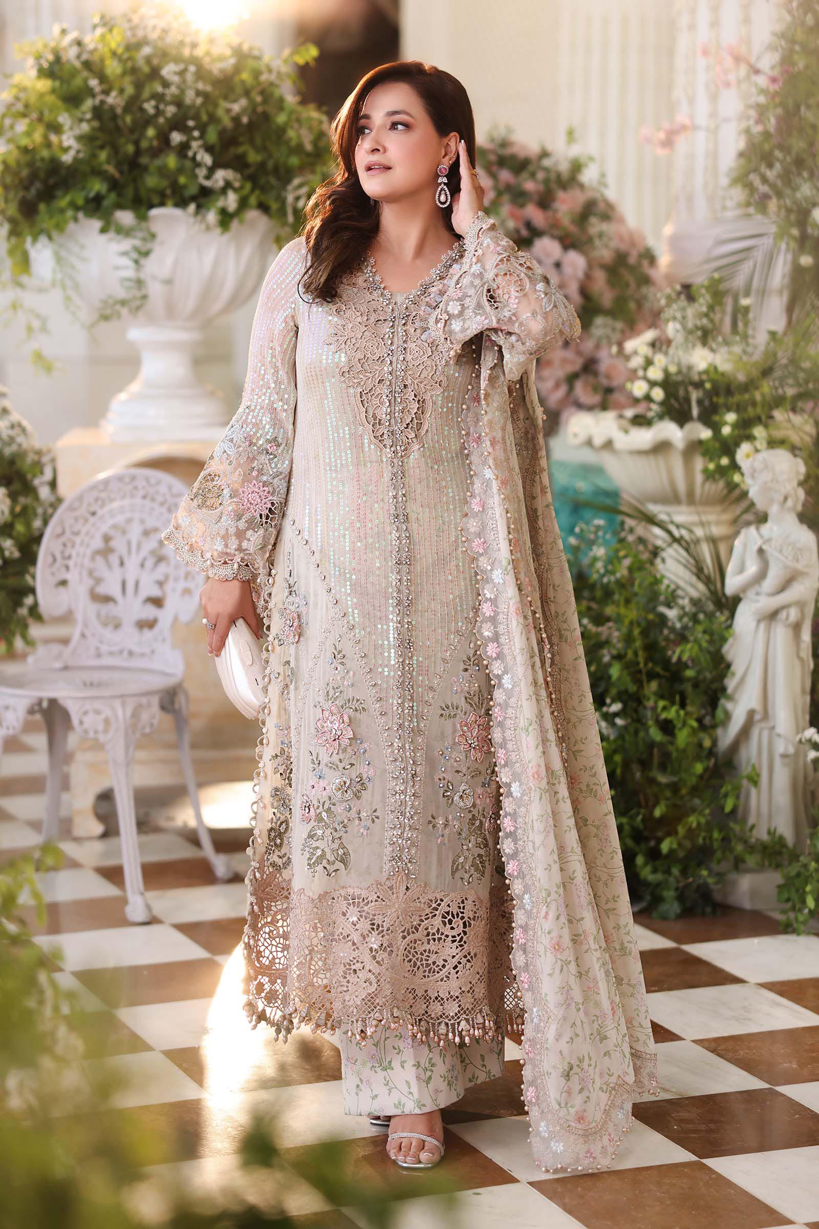 Champagne Beige: Embroidered Chiffon Suit With Silk Dupatta | Ready To Wear