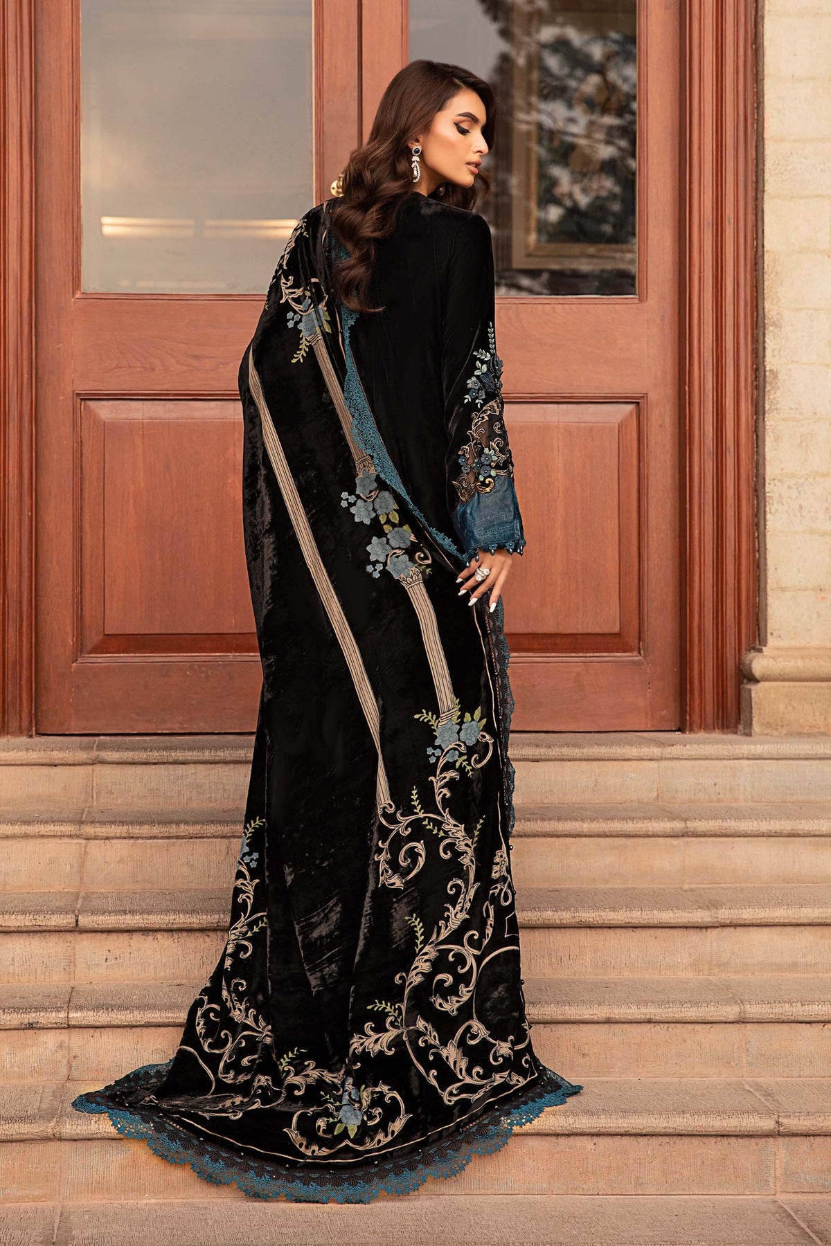 Noir Teal Romance: Heavy Embroidered Velvet Suit With Silk Trouser | Ready To Wear